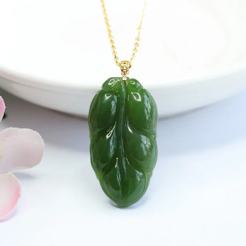 Leaf-shaped Hetian Jade Jasper Fortune Necklace - Sterling Silver