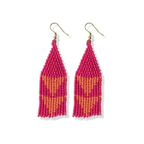 Lennon Two Color Triangles Beaded Fringe Earrings Hot Pink