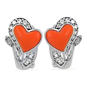 Lovable Heart Style Coral CZ Gemstone Silver Earrings - Shop Now