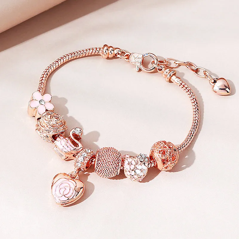 Luxe6082 - Rose Heart & Swan Charm Bracelet