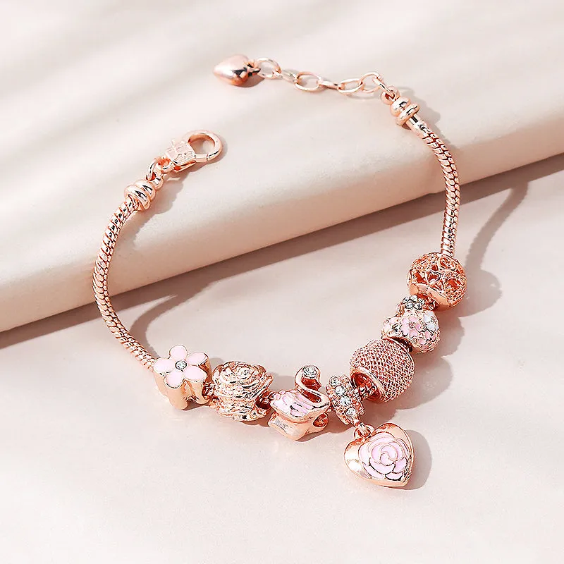 Luxe6082 - Rose Heart & Swan Charm Bracelet