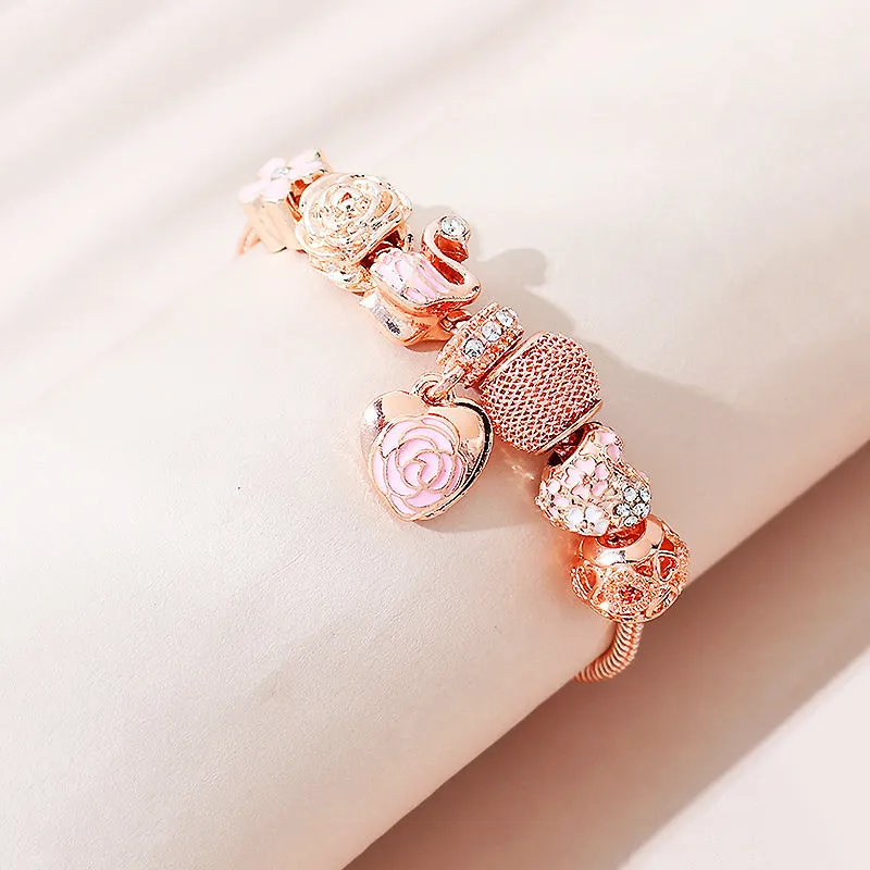 Luxe6082 - Rose Heart & Swan Charm Bracelet