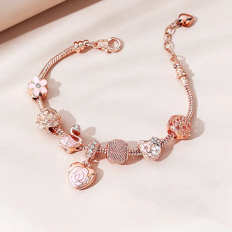 Luxe6082 - Rose Heart & Swan Charm Bracelet