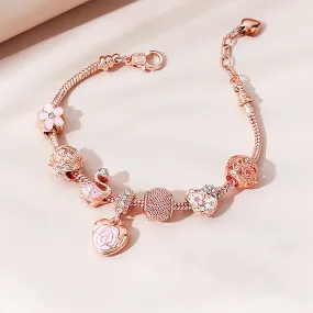 Luxe6082 - Rose Heart & Swan Charm Bracelet