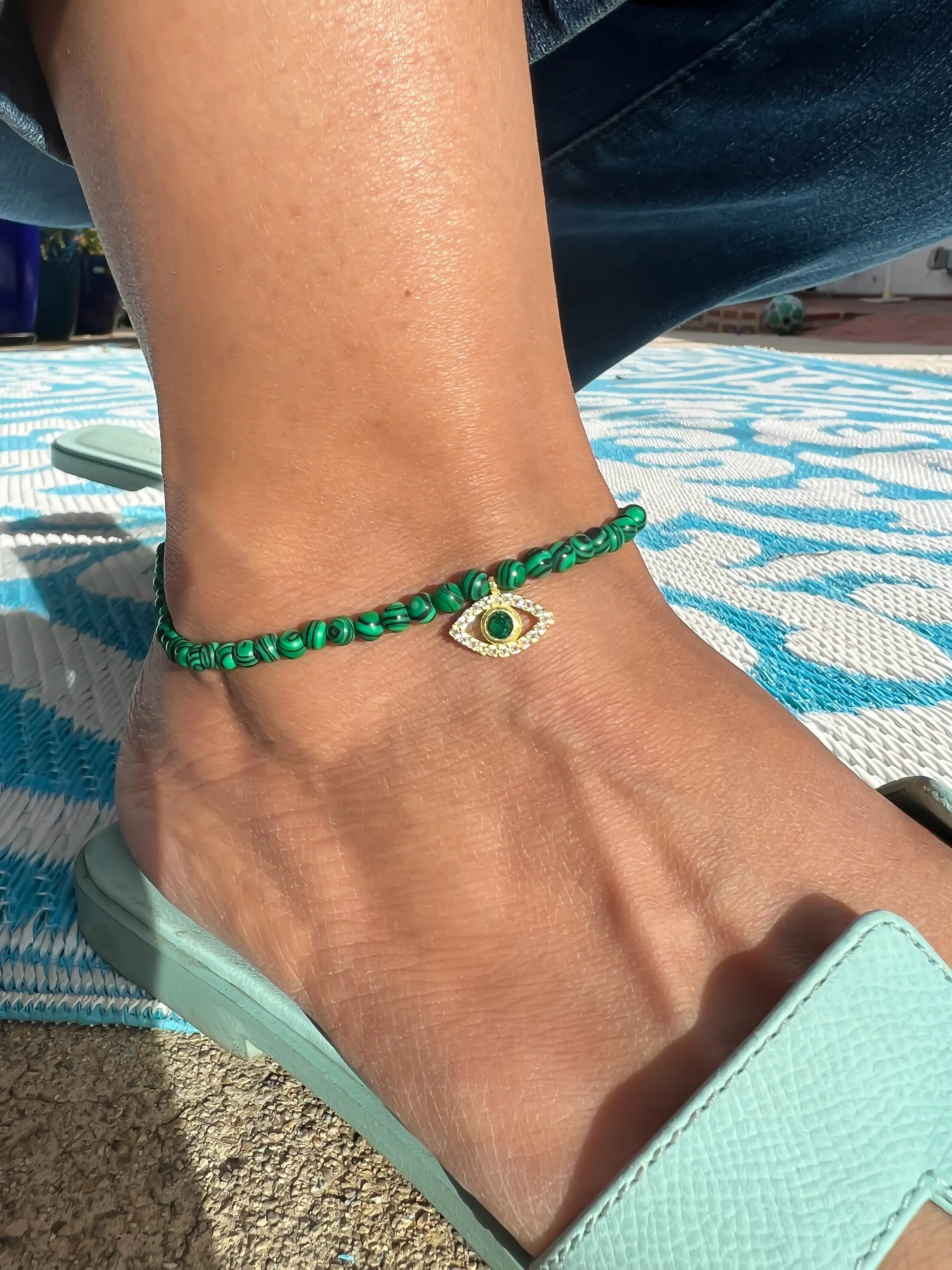 Malachite beaded green eye anklet