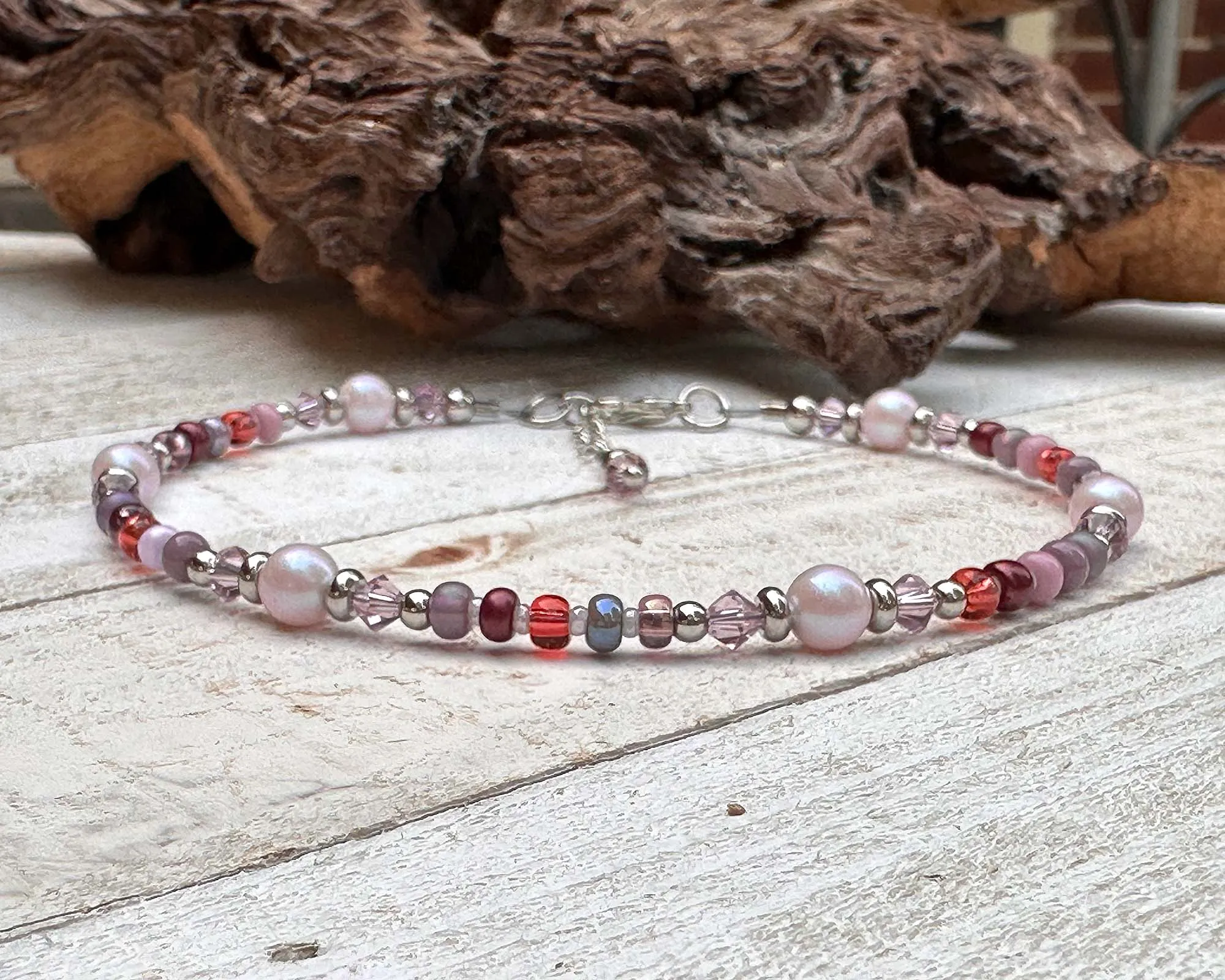 Mauve Pink Pearl Stainless Beaded Anklet