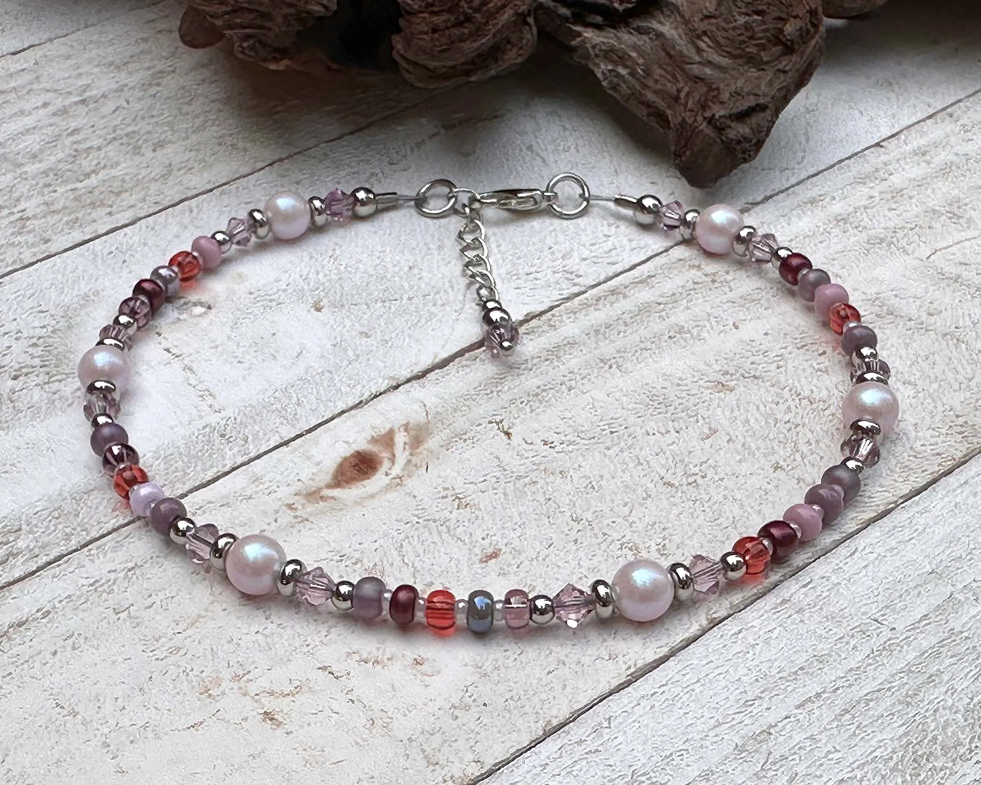 Mauve Pink Pearl Stainless Beaded Anklet