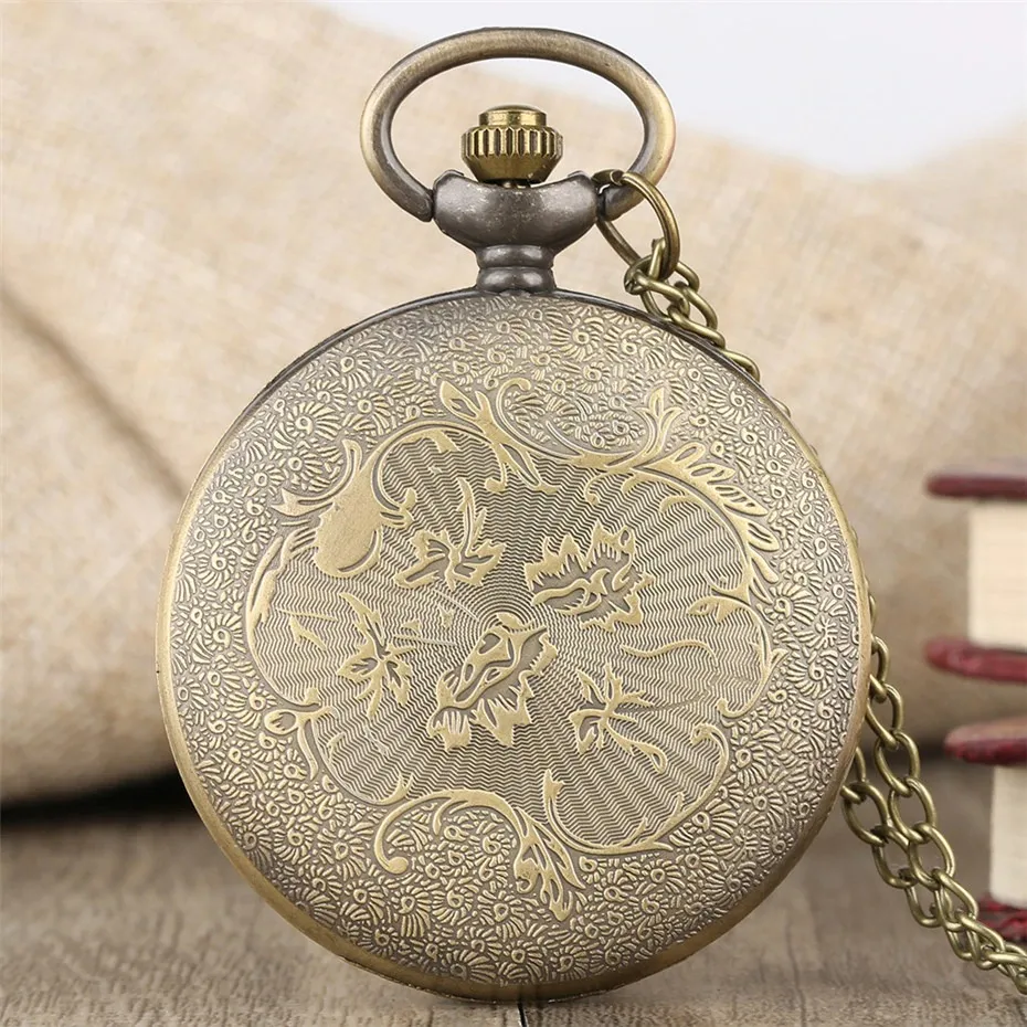 Mechanical Bronze Pocket Watch with The Lions / Antique Male Watches with Chain