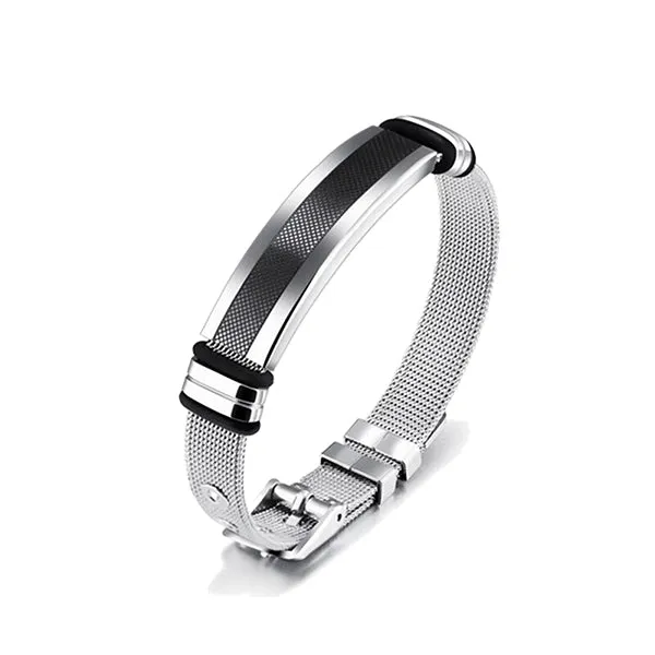 Mens Stainless Steel Bracelet with Bar, Adjustable Mesh Band with Buckle Clasp