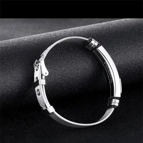 Mens Stainless Steel Bracelet with Bar, Adjustable Mesh Band with Buckle Clasp