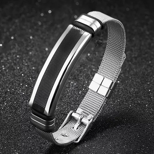 Mens Stainless Steel Bracelet with Bar, Adjustable Mesh Band with Buckle Clasp