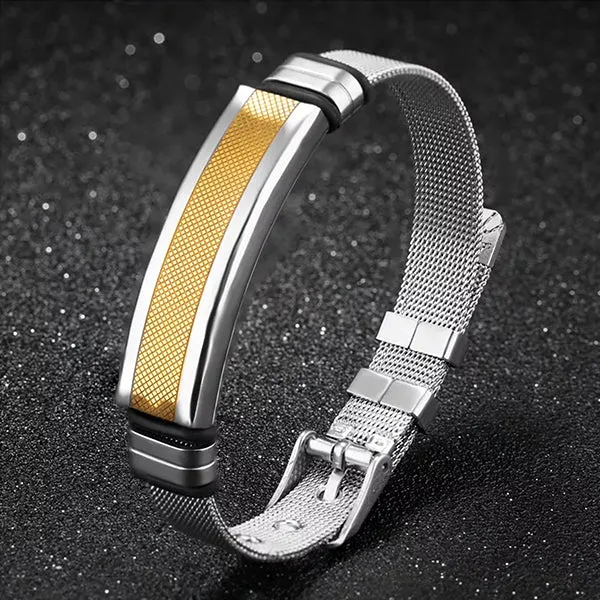 Mens Stainless Steel Bracelet with Bar, Adjustable Mesh Band with Buckle Clasp