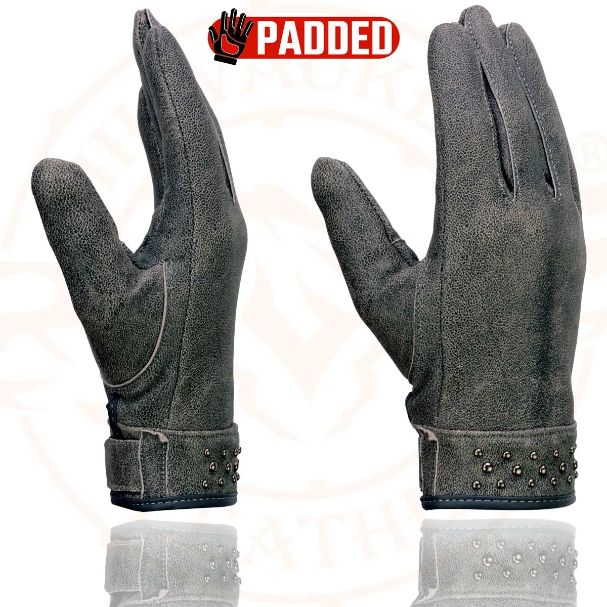 Milwaukee Leather MG7760 Women's Distressed Grey Leather Gel Palm Motorcycle Hand Gloves W/ Stylish ‘Wrist Detailing’