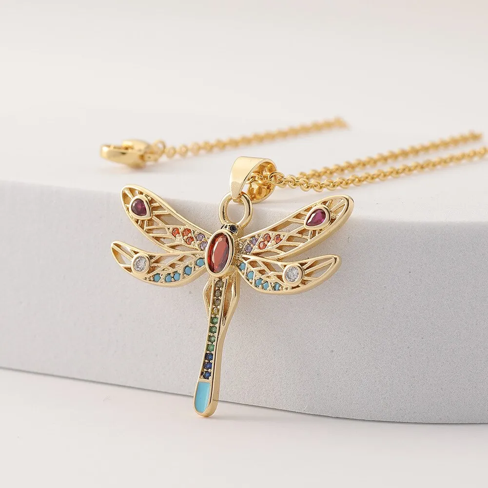 Multi-Color Garnet Cubic Zirconia Dragonfly Pendant Necklace