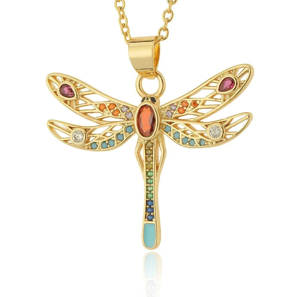 Multi-Color Garnet Cubic Zirconia Dragonfly Pendant Necklace