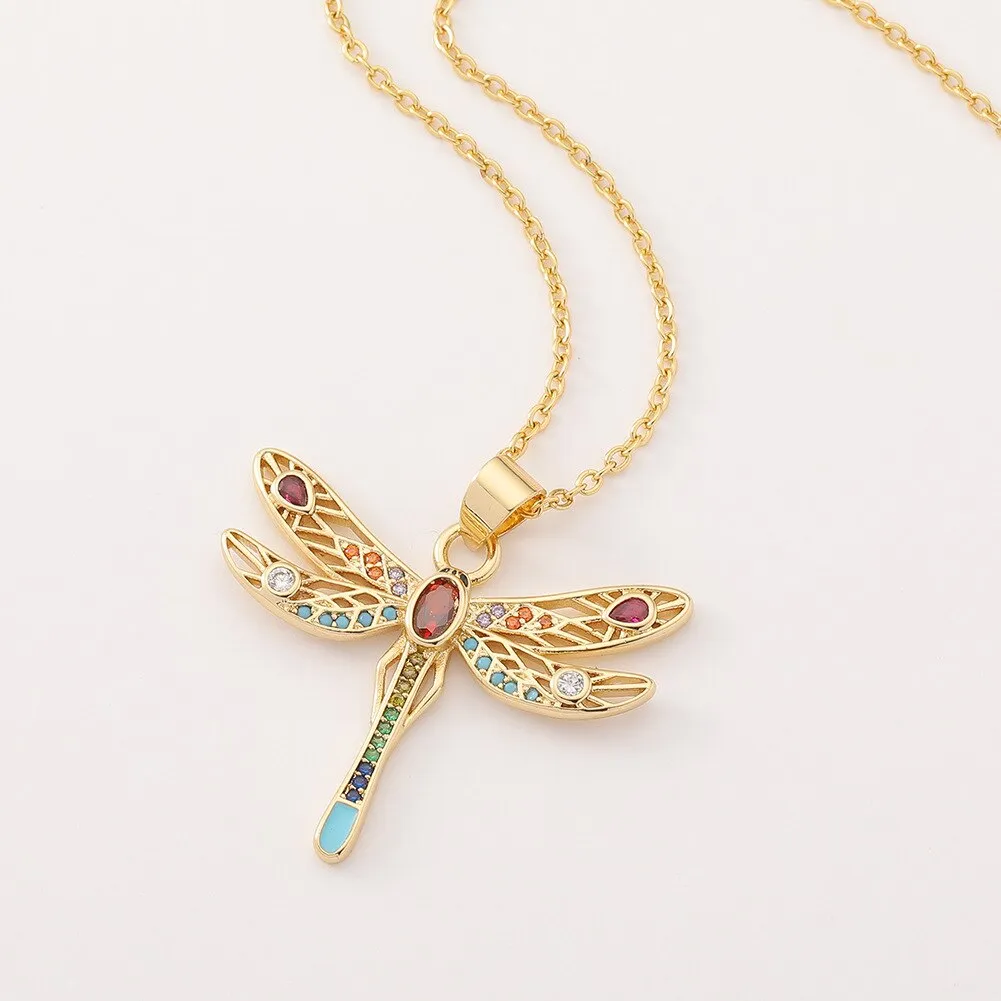 Multi-Color Garnet Cubic Zirconia Dragonfly Pendant Necklace