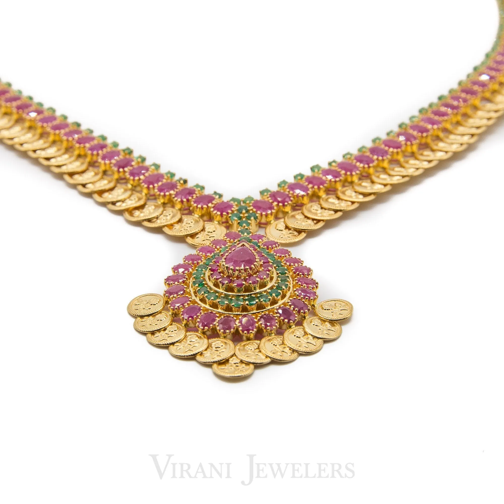 Multi-Stone Ruby & Emerald Kasu Mala Drop Necklace and Earrings - 22K Yellow Gold