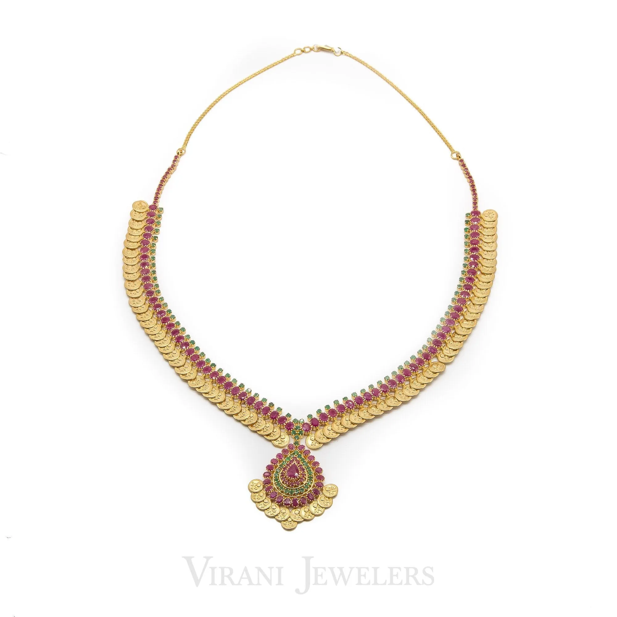 Multi-Stone Ruby & Emerald Kasu Mala Drop Necklace and Earrings - 22K Yellow Gold