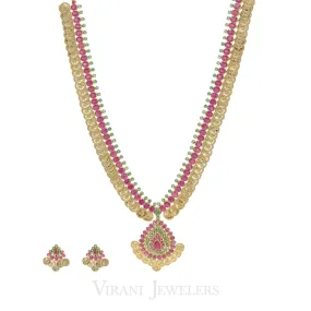 Multi-Stone Ruby & Emerald Kasu Mala Drop Necklace and Earrings - 22K Yellow Gold