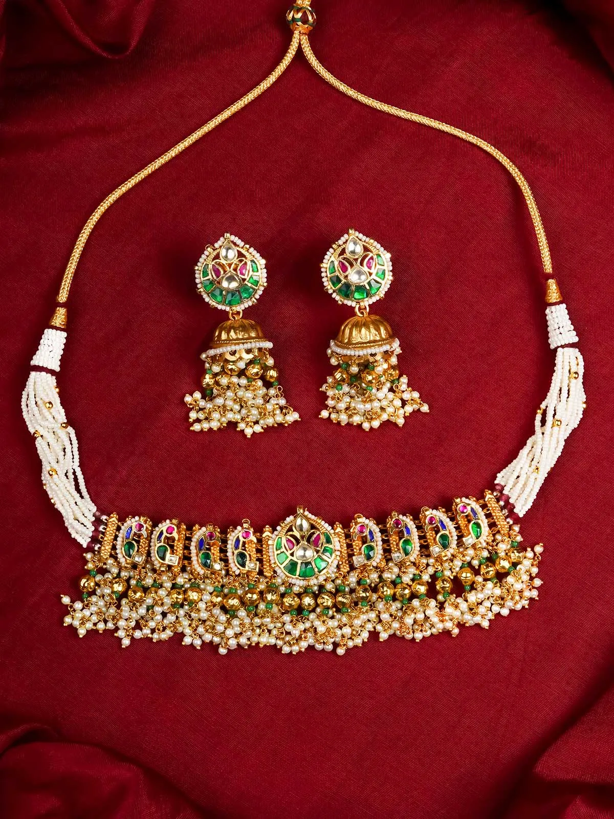 Multicolor Gold Plated Jadau Kundan Necklace Set - MS2030M