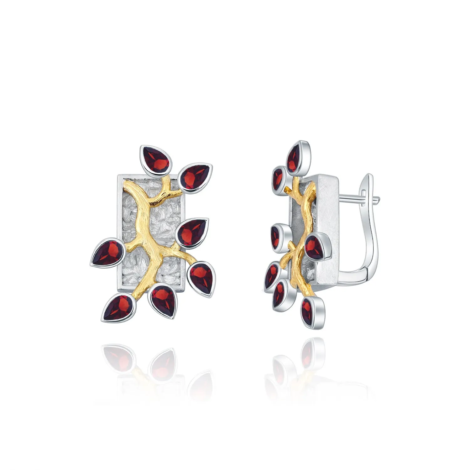 Natural Colourful Gemstones Flower and Branch Rectangle Silver Studs Earrings for Women