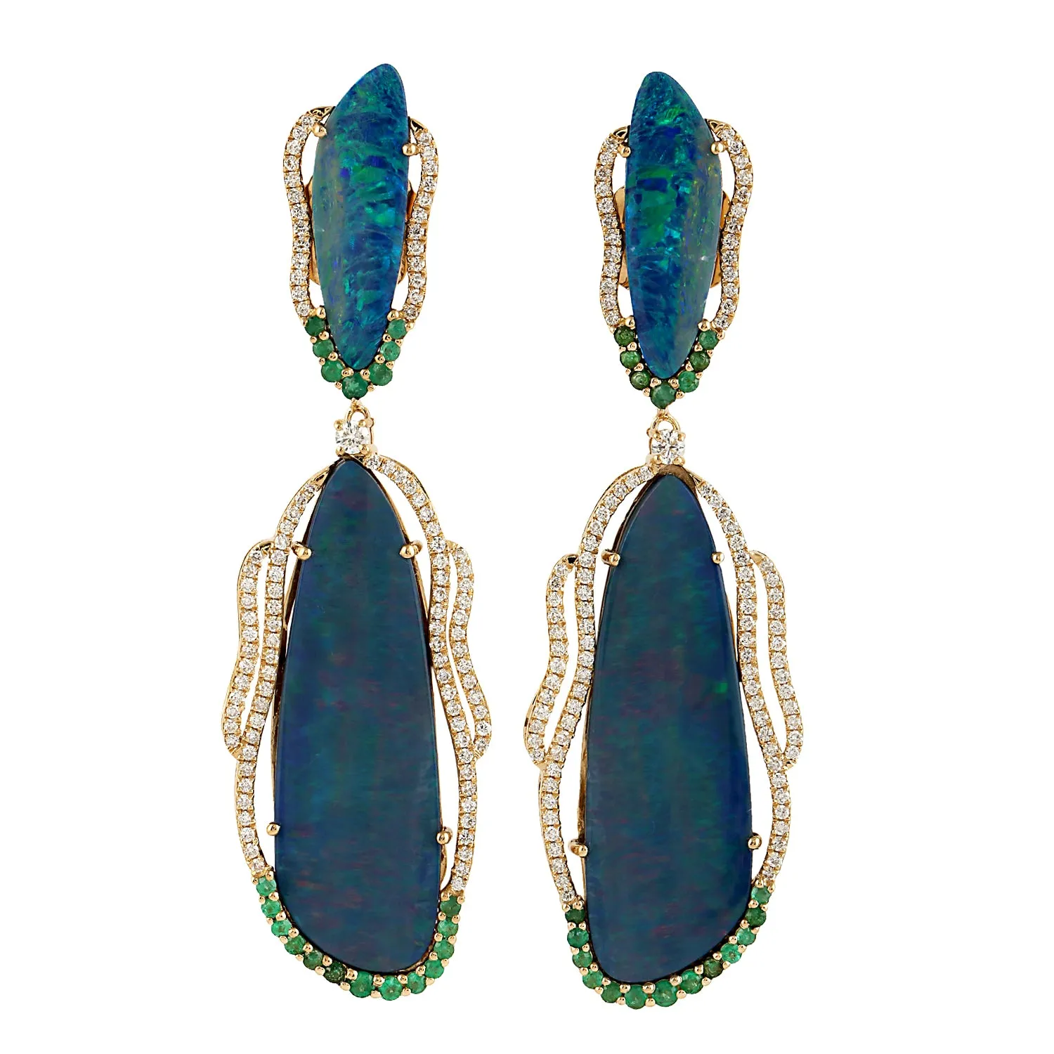 Natural Emerald & Diamond Opal Doublet Beautiful Danglers In 18k Yellow Gold Jewelry