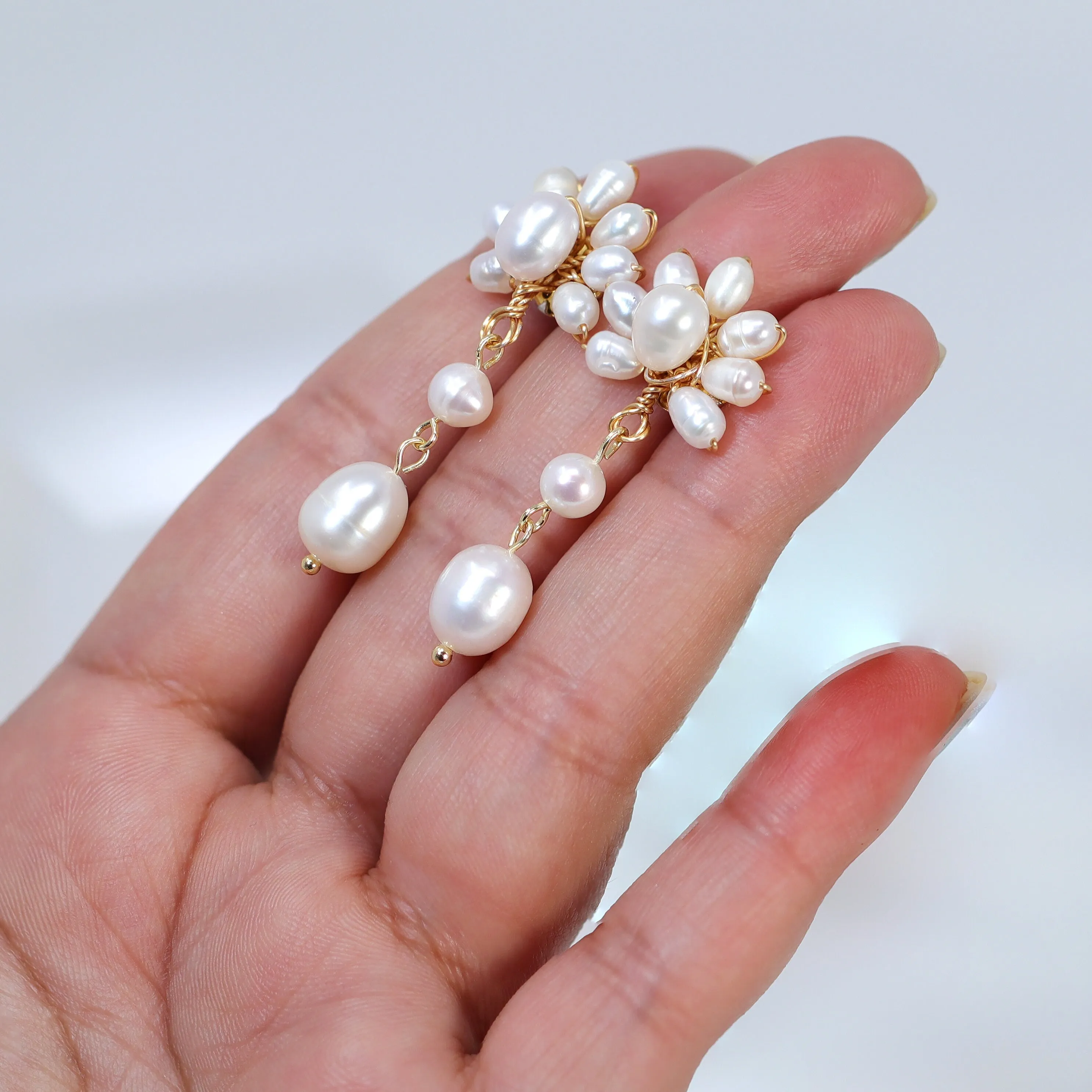 Natural Freshwater Pearl Flower Pearl Drop Earrings, Bridal Jewelry, Pearl Statement Earrings Cz