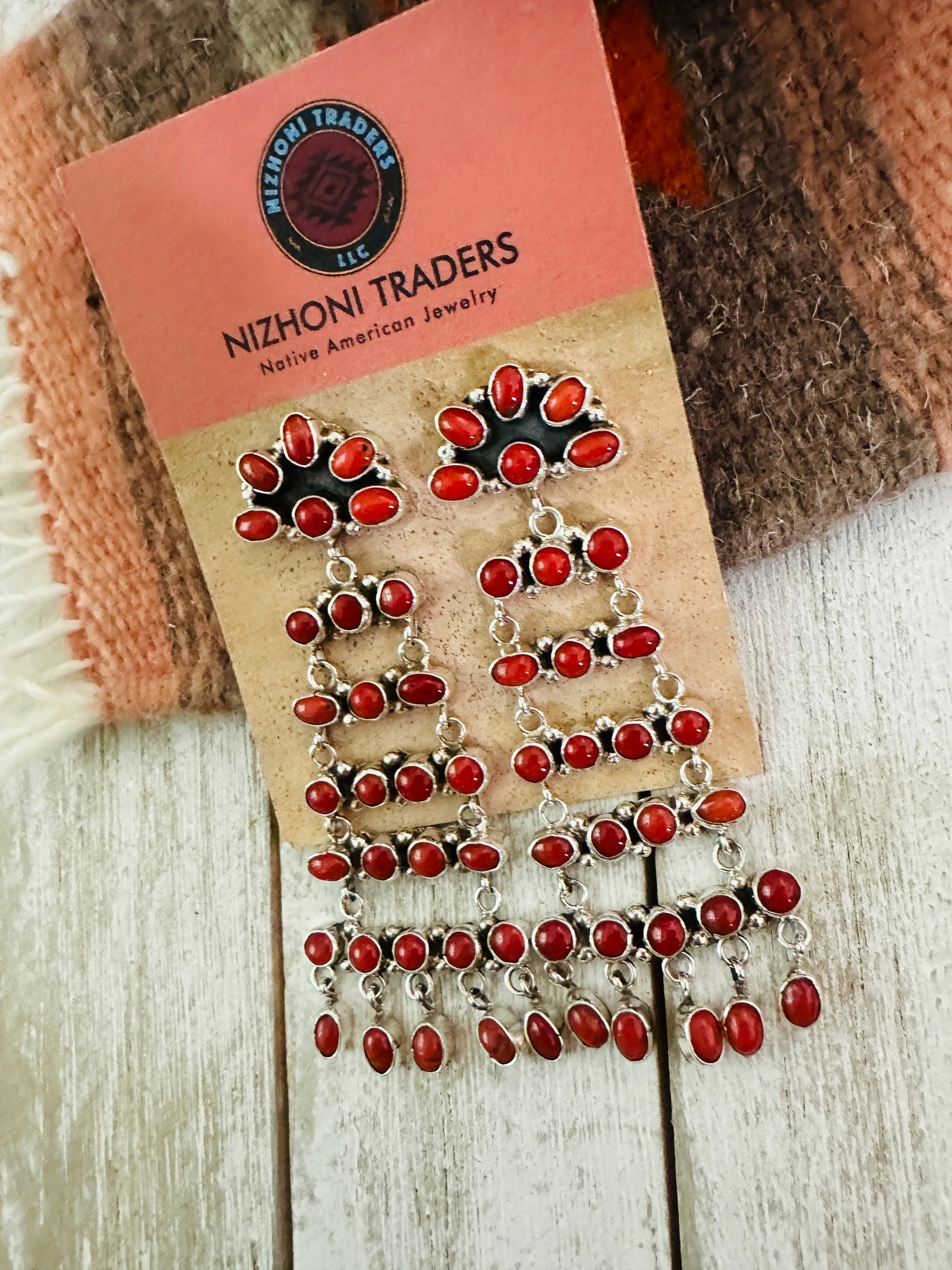 Navajo Coral & Sterling Silver Chandelier Dangle Earrings