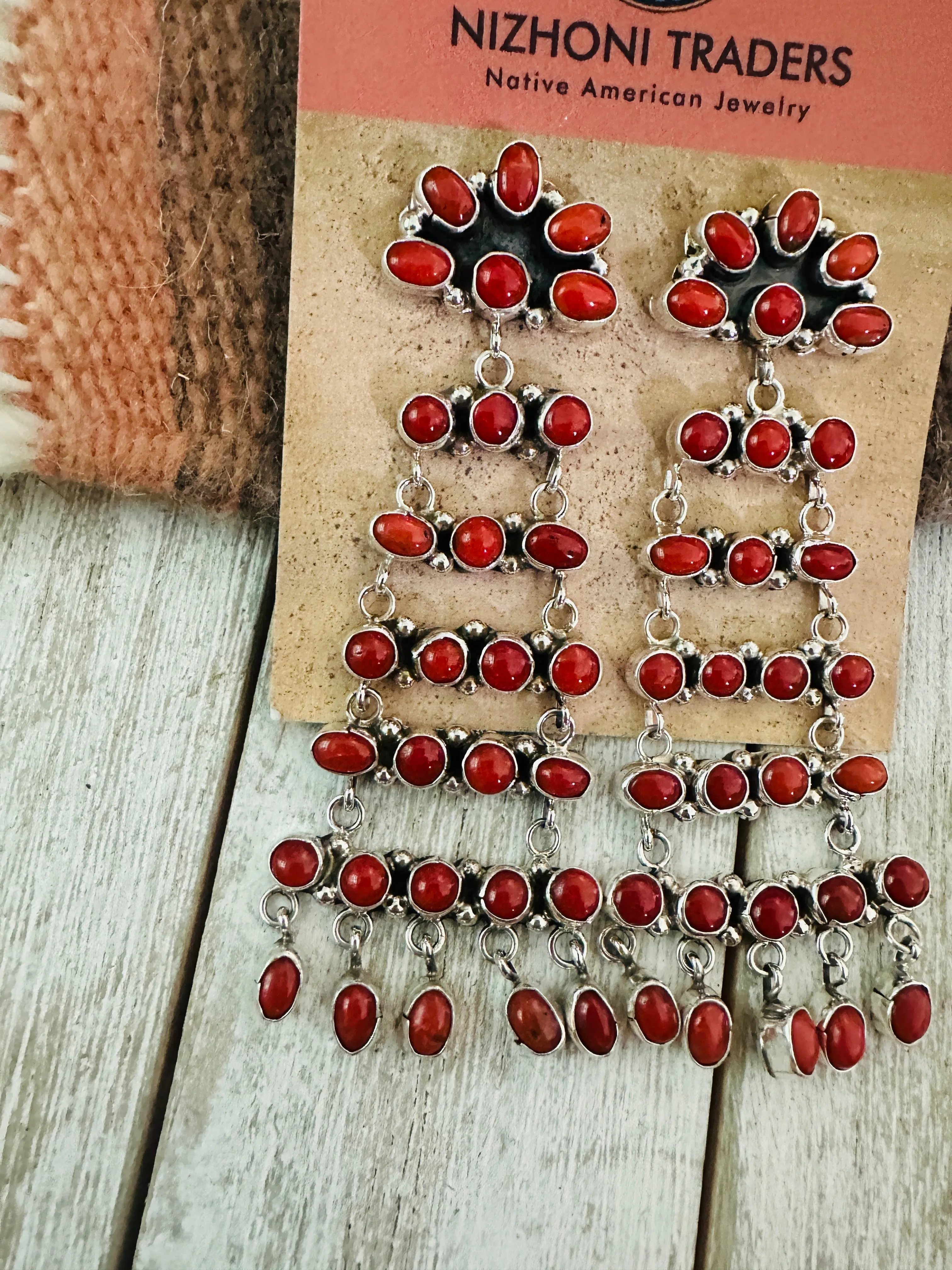 Navajo Coral & Sterling Silver Chandelier Dangle Earrings