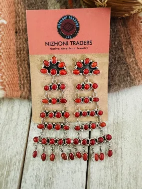 Navajo Coral & Sterling Silver Chandelier Dangle Earrings