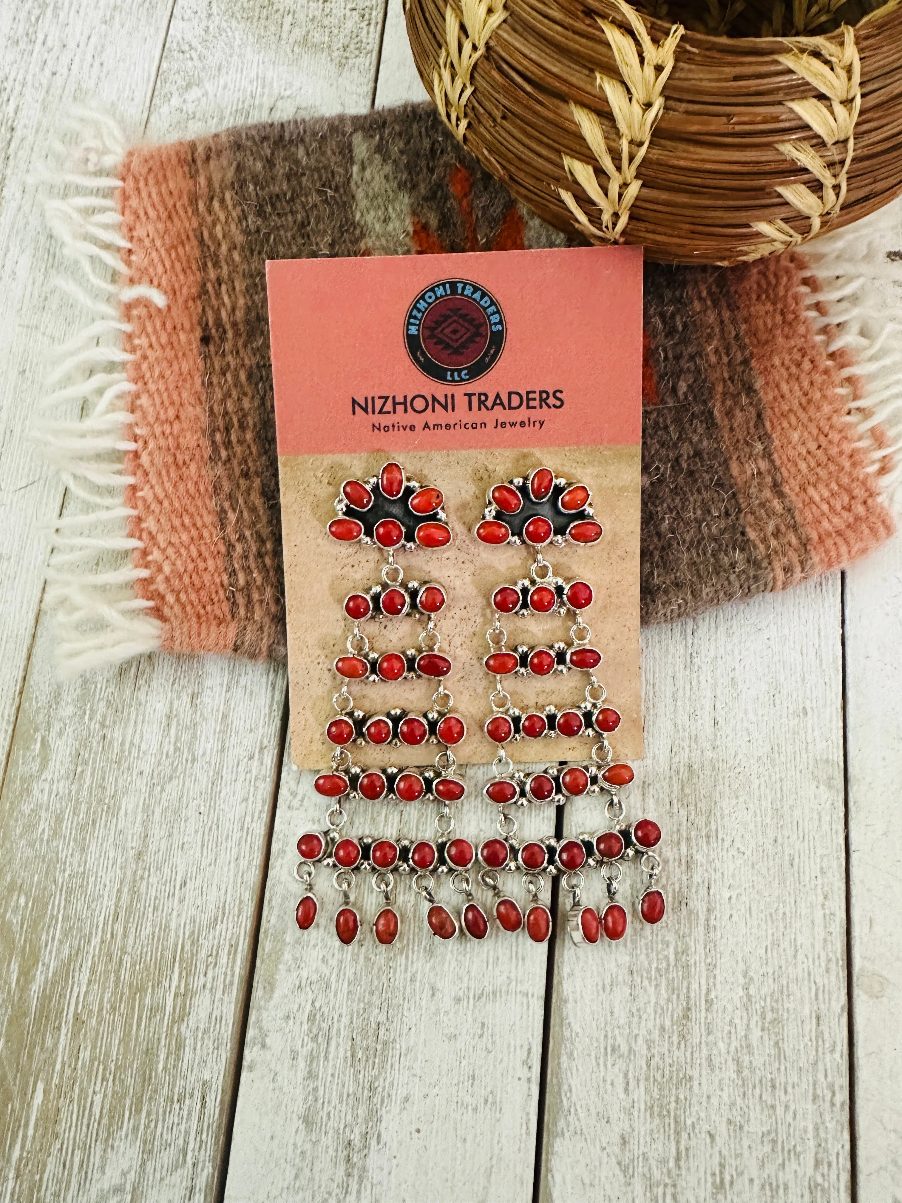 Navajo Coral & Sterling Silver Chandelier Dangle Earrings