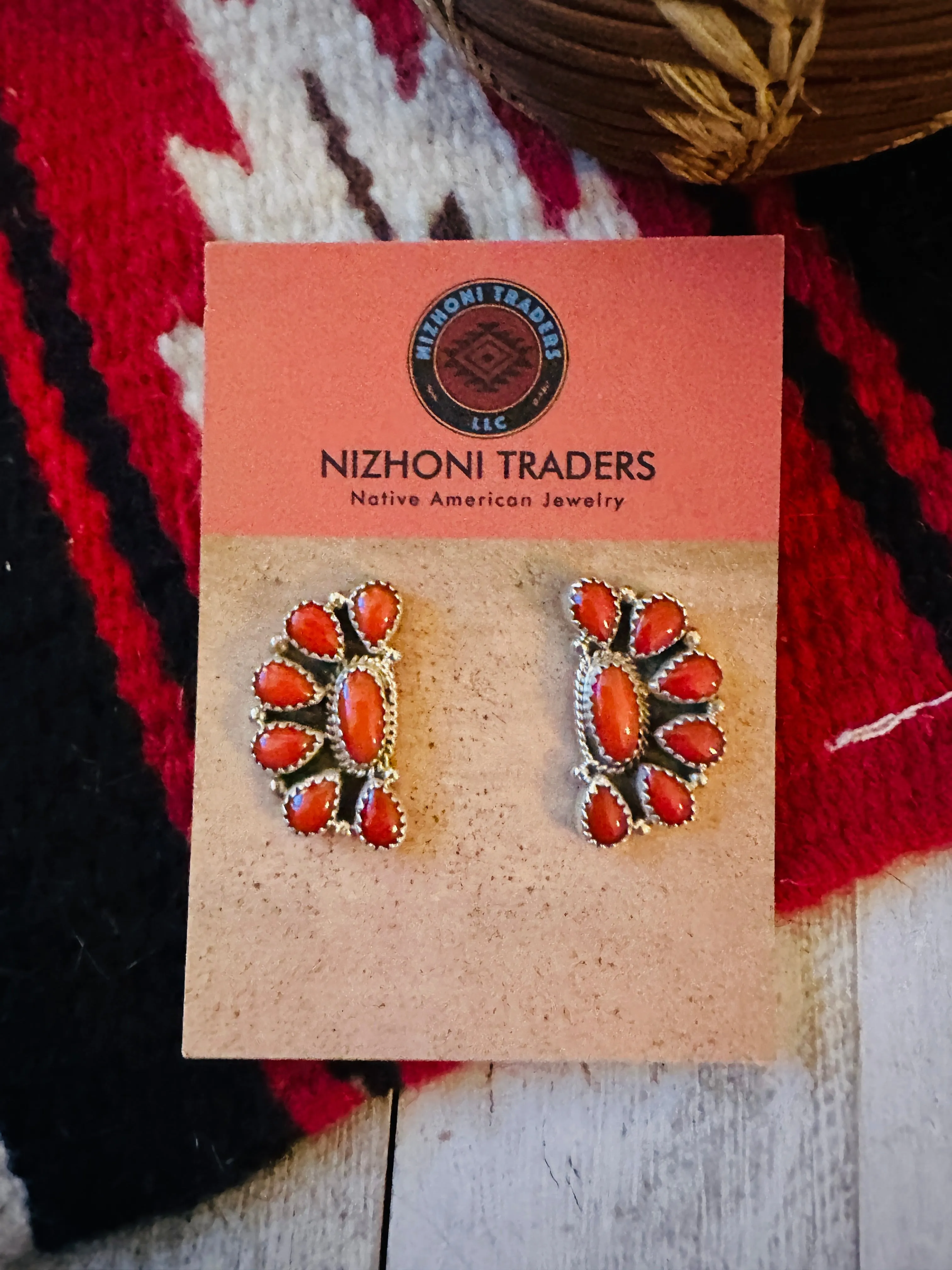 Navajo Sterling Silver & Coral Cluster Post Earrings