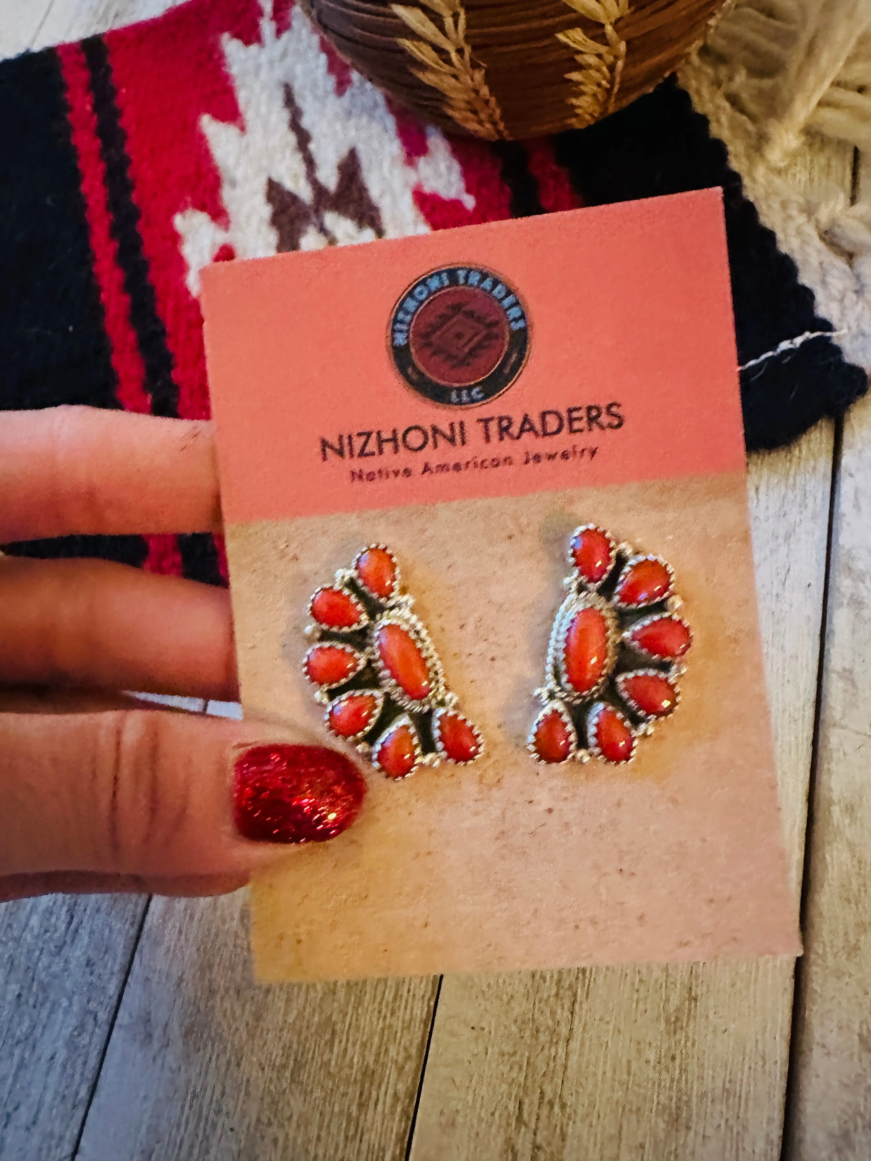 Navajo Sterling Silver & Coral Cluster Post Earrings