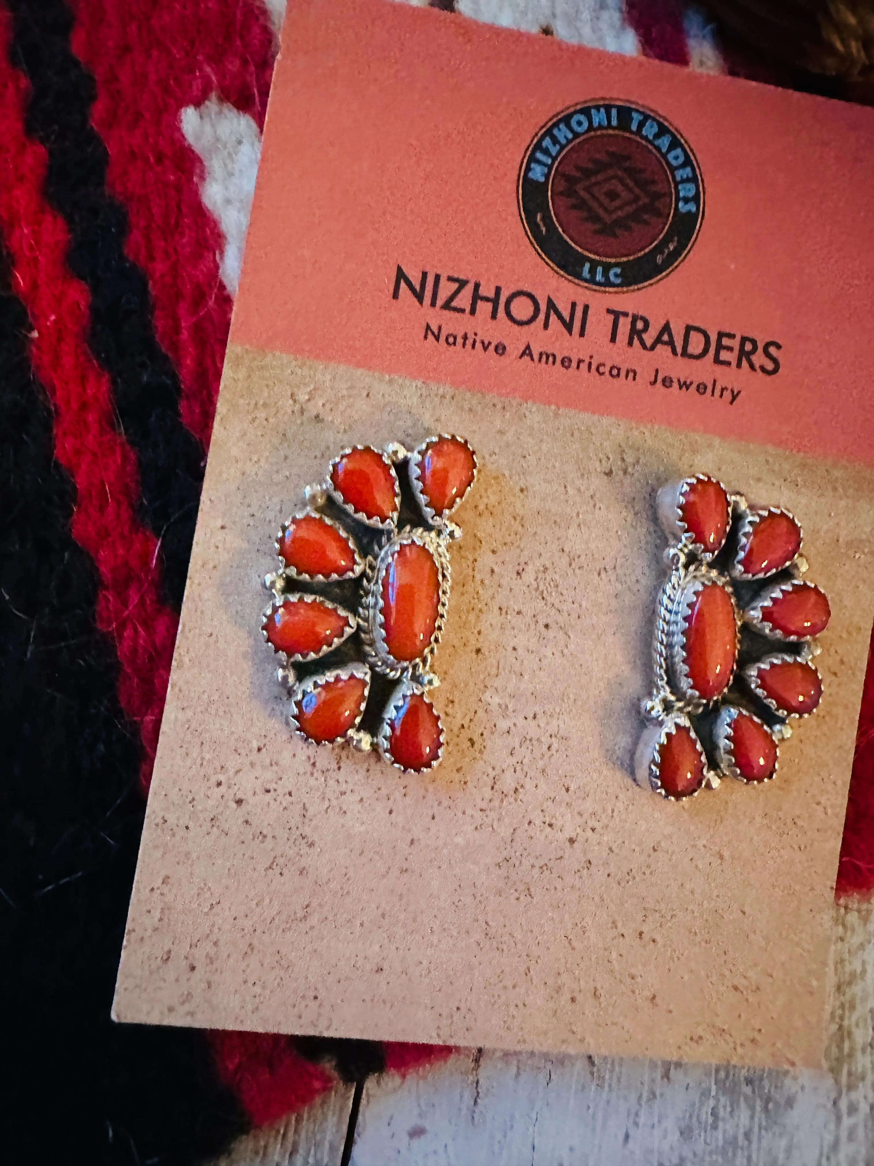 Navajo Sterling Silver & Coral Cluster Post Earrings