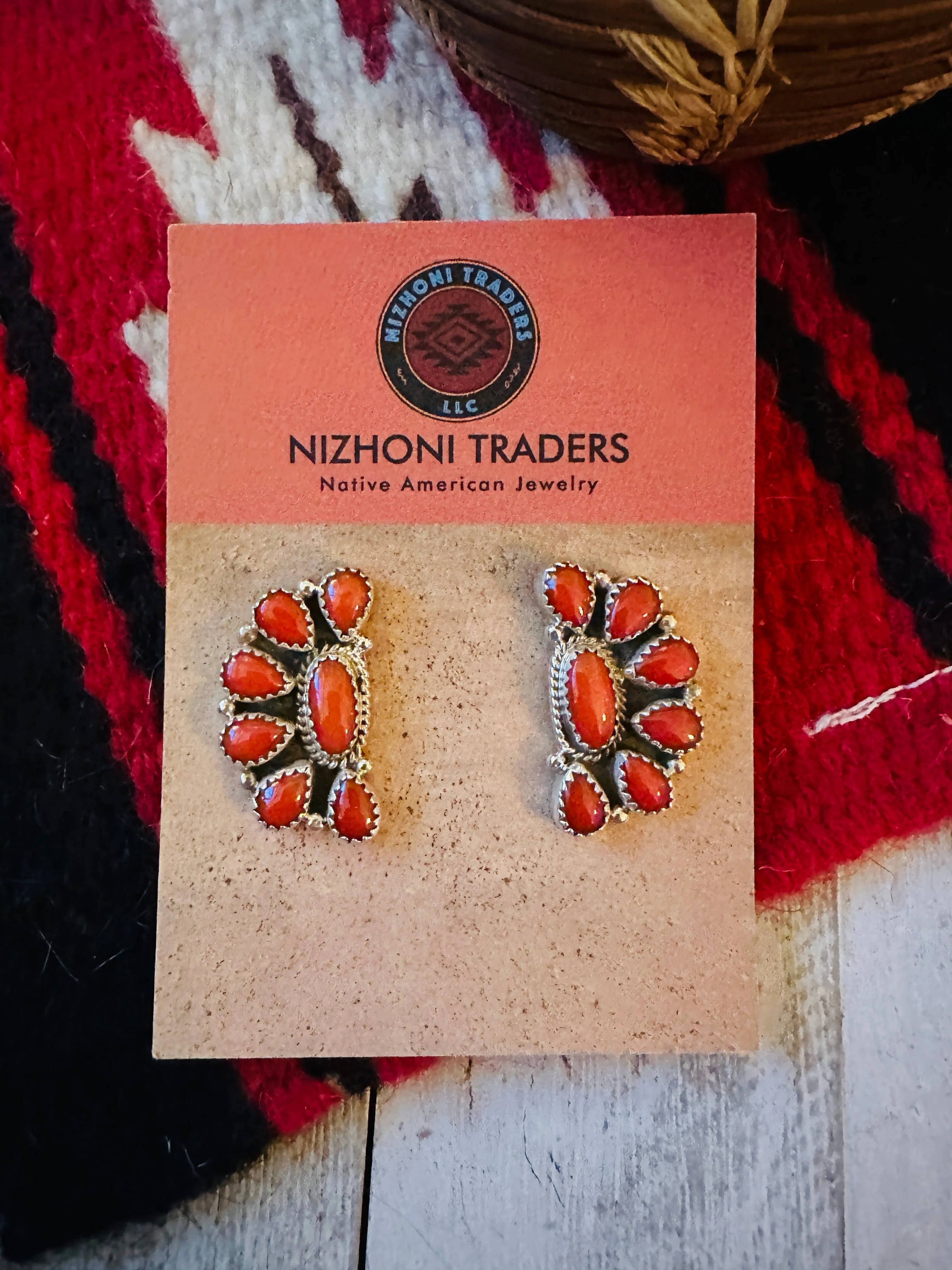 Navajo Sterling Silver & Coral Cluster Post Earrings