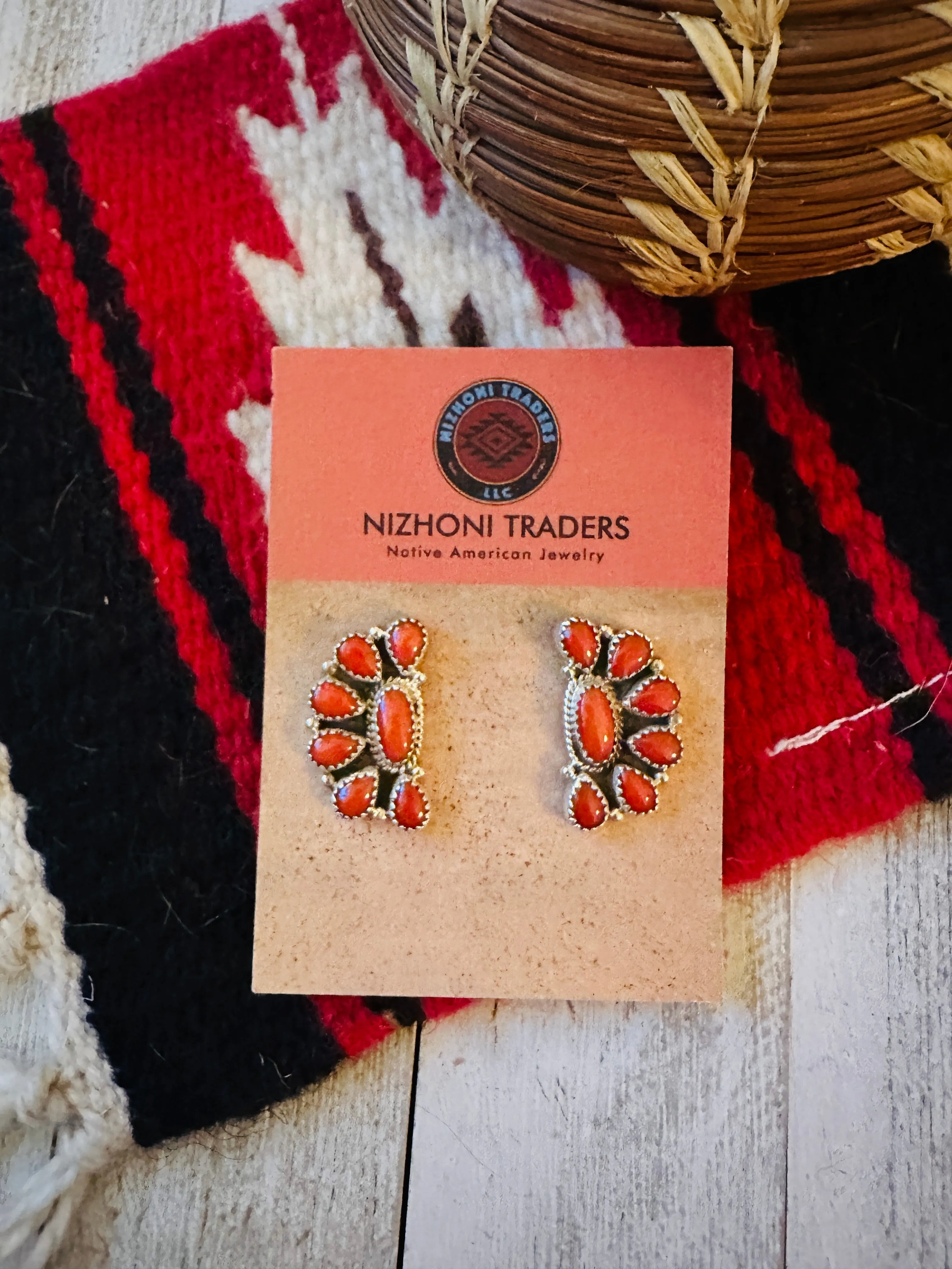 Navajo Sterling Silver & Coral Cluster Post Earrings