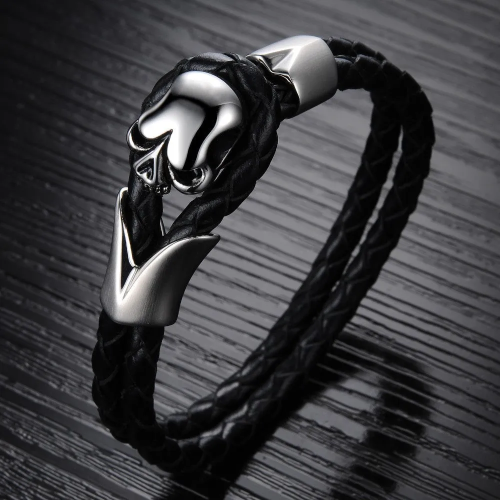 NEW Fashion jewelry Punk Skull Stainless Steel Black Genuine leather Personality Men Bracelet male Bangles