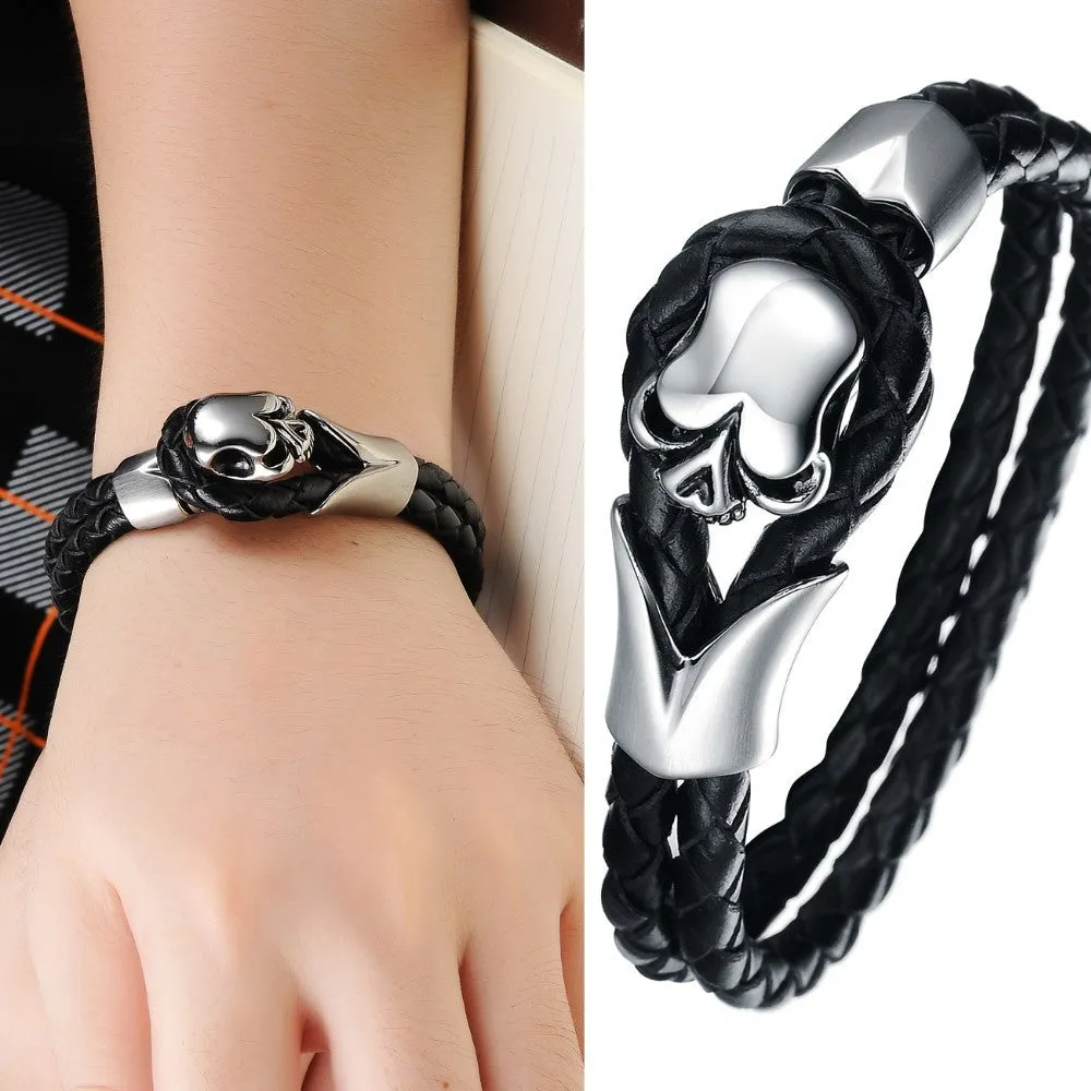 NEW Fashion jewelry Punk Skull Stainless Steel Black Genuine leather Personality Men Bracelet male Bangles