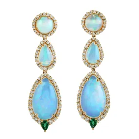 Opal Ethiopian Pave Diamond Pear Cut Emerald Drop Danglers In 18k Yellow Gold Gift