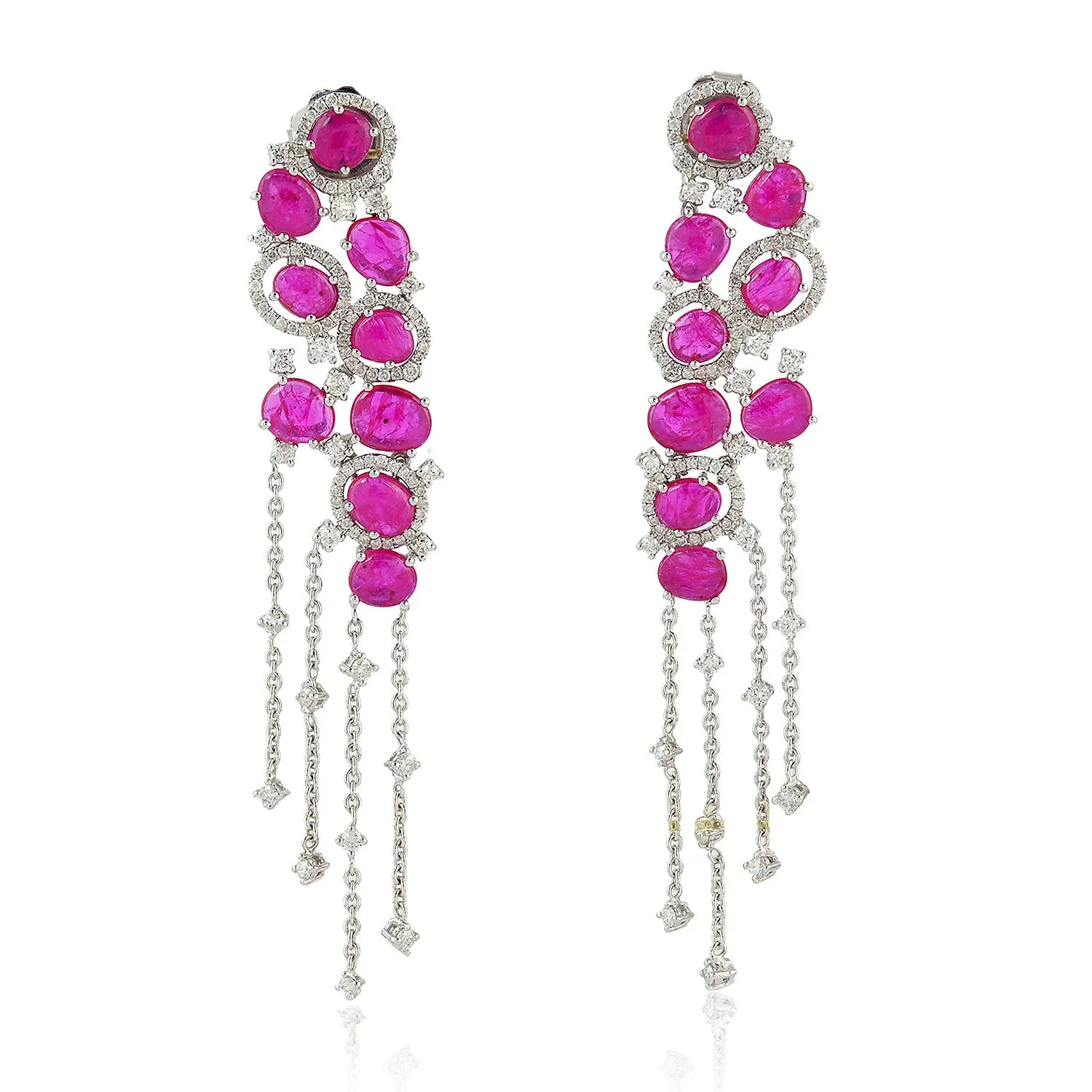 Oval Cut Slice Ruby In 18k White Gold Prong Diamond Partywear Chandelier Earrings