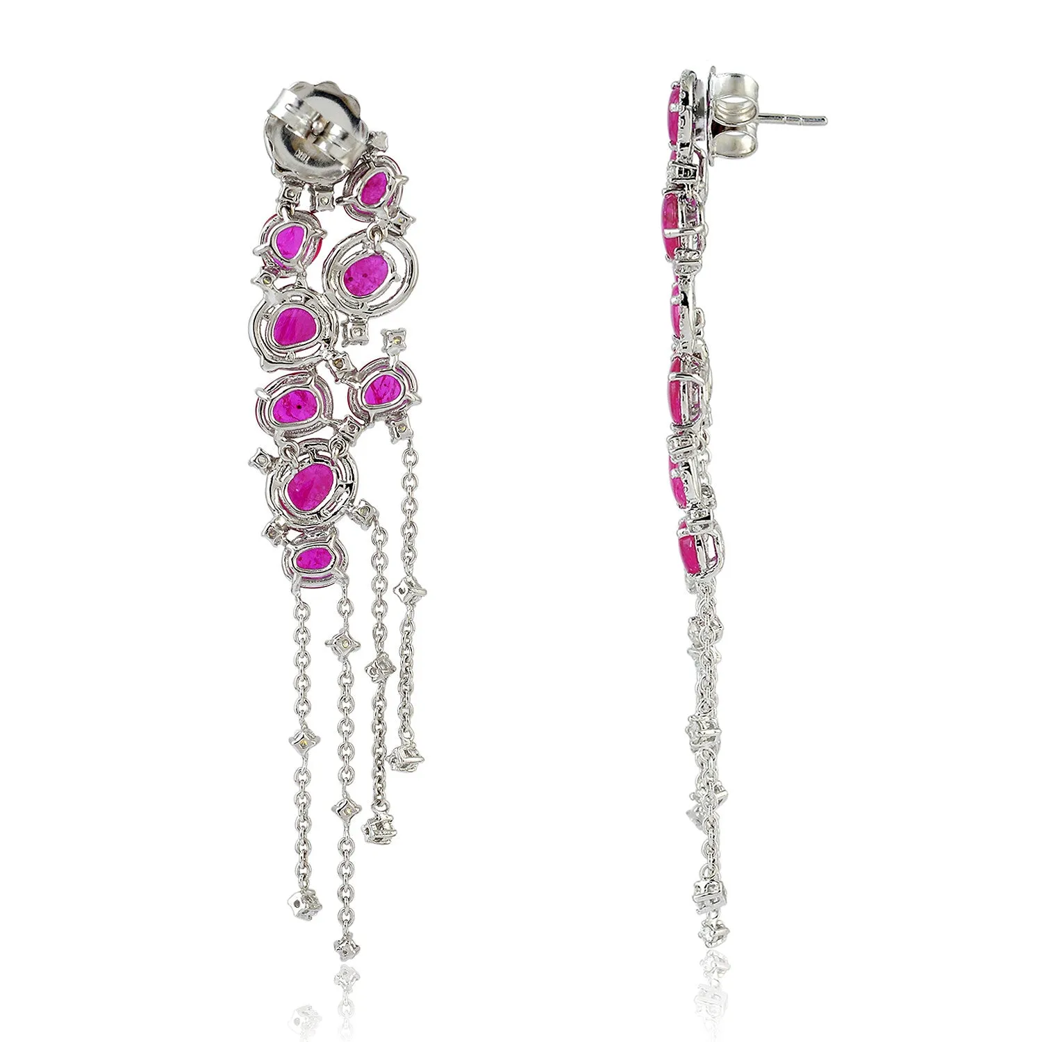 Oval Cut Slice Ruby In 18k White Gold Prong Diamond Partywear Chandelier Earrings