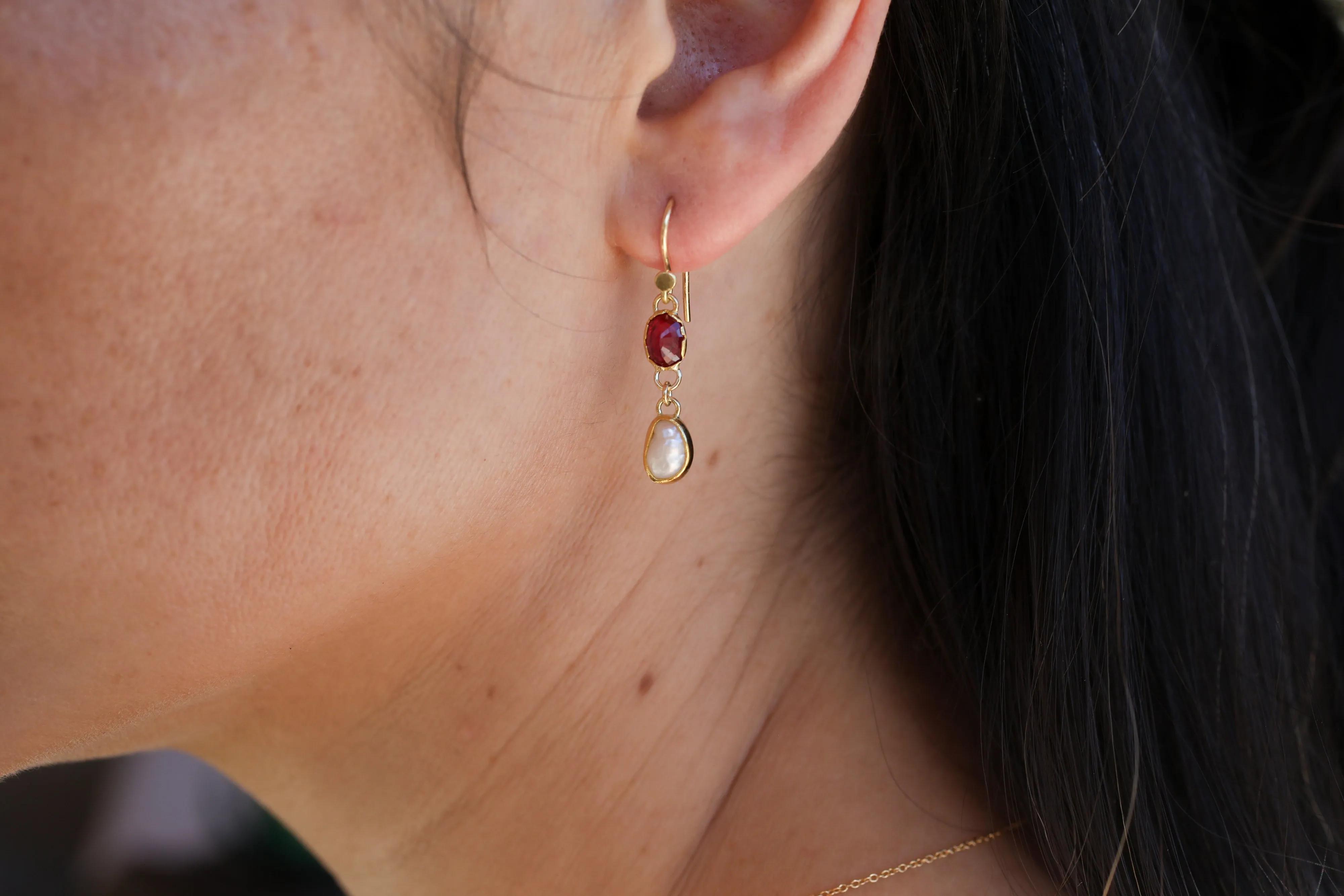 Oval Ruby & Pearl Drop Earrings