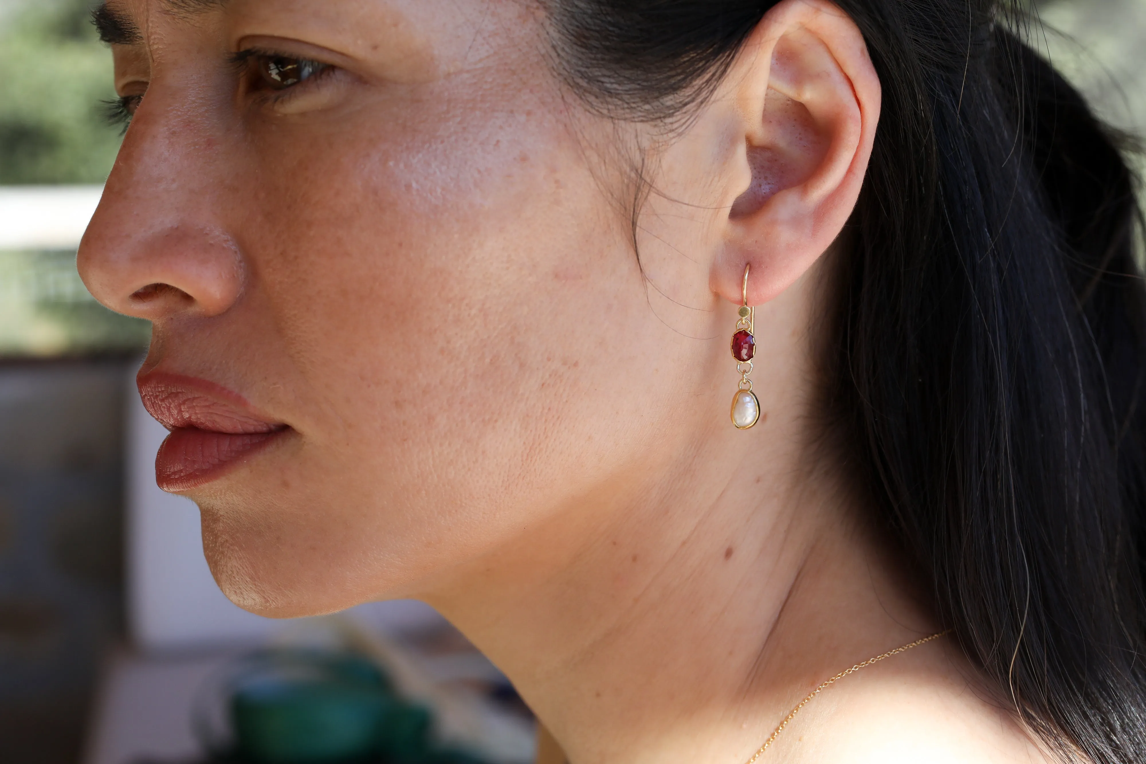 Oval Ruby & Pearl Drop Earrings