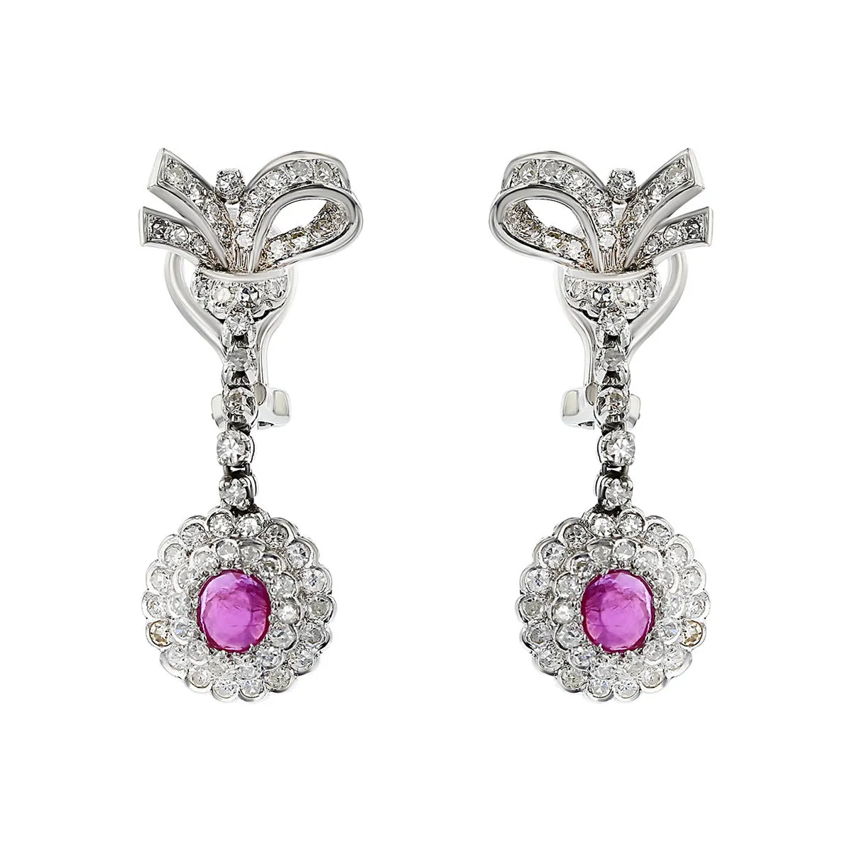 Palladium Ruby and Diamond Halo Bow Drop Earrings