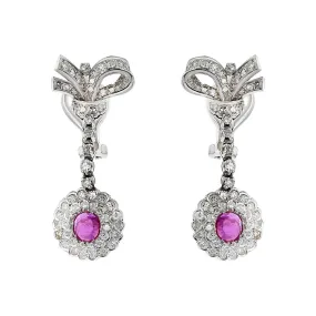 Palladium Ruby and Diamond Halo Bow Drop Earrings