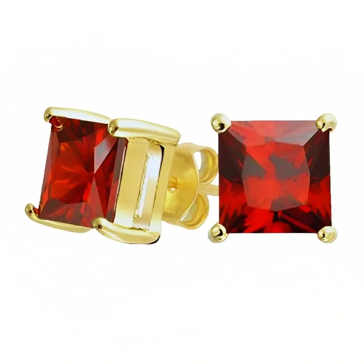 Paris Jewelry 18k Yellow Gold 2 Pair Created Ruby 4mm Round & Princess Cut Stud Earrings Plated