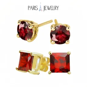 Paris Jewelry 18k Yellow Gold 2 Pair Created Ruby 4mm Round & Princess Cut Stud Earrings Plated