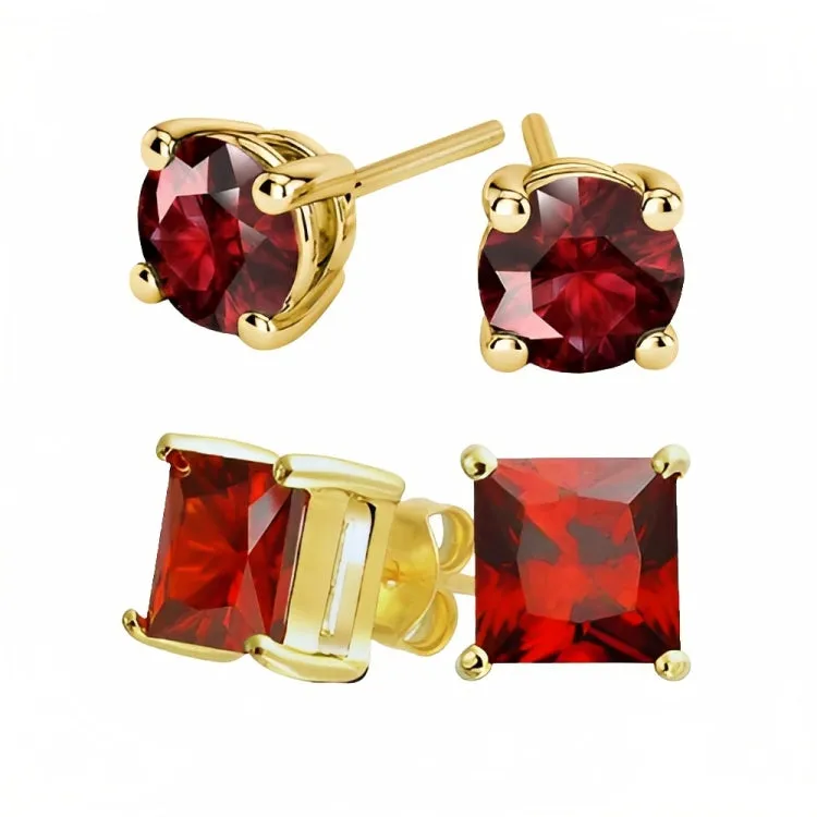 Paris Jewelry 18k Yellow Gold 2 Pair Created Ruby 4mm Round & Princess Cut Stud Earrings Plated