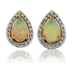 Pear Cabochon Opal with Diamond Halo Stud Earrings