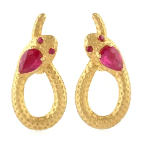 Pear Cut Ruby July Birthstone In 18k Yellow Gold Serpent Dangle Earrings